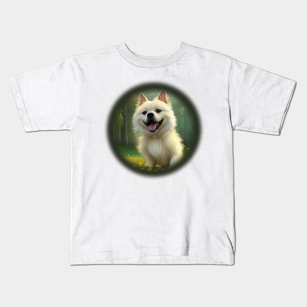 Small white dog runs through a flower field Kids T-Shirt by IrinaGuArt